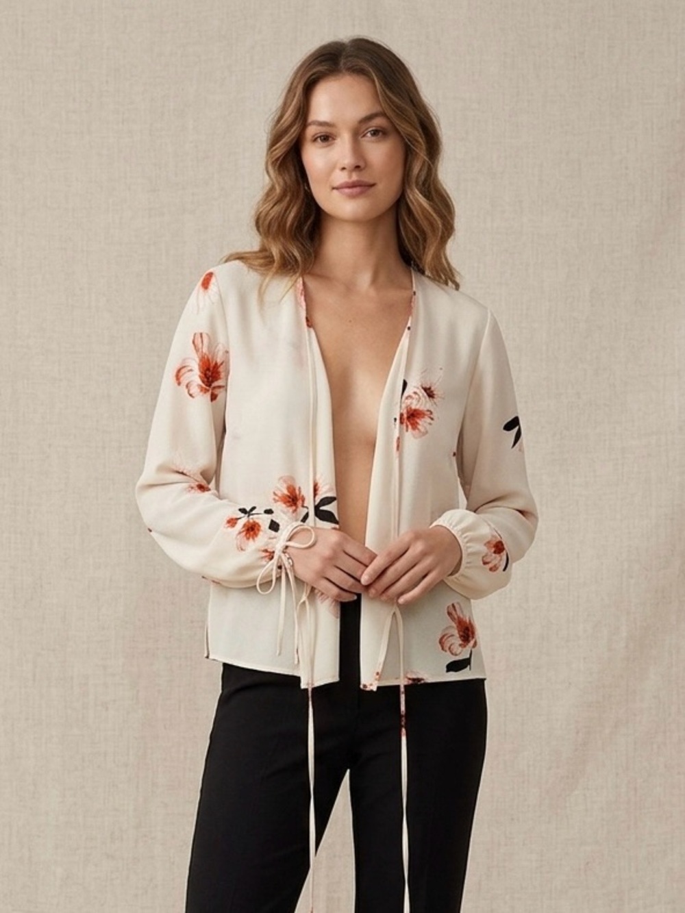 ARITZIA (WILFRED) Floral Wrap Blouse - Cream & Red, Size Small